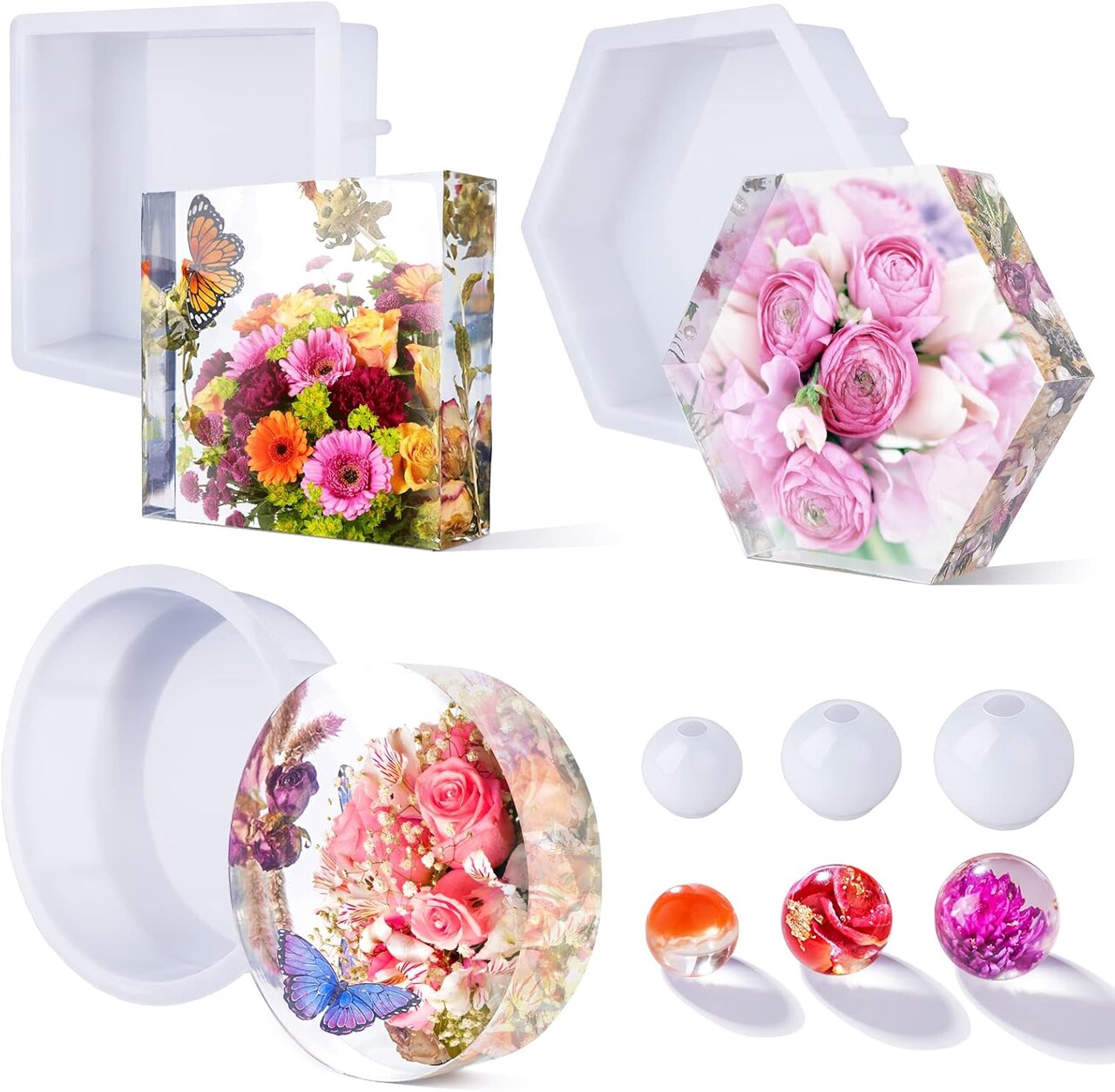 LET'S RESIN Upgrade Epoxy Resin Molds,Large Resin Molds for Flowers Preservation,Glossy Deep Hexagon Square Round Silicone Molds for Resin Casting,Resin Epoxy, DIY Gift, Bookend, Home Decor